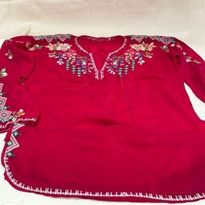 Johnny Was Tunic Red Embroidered floral long sleeve